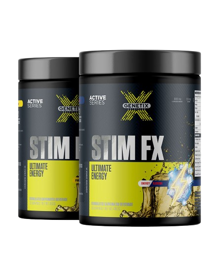 Genetix Stim FX Ultimate Energy pre-workout powder, Energy Punch flavour, black tub with yellow and silver label