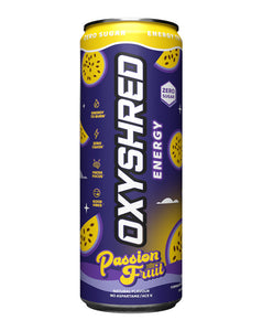 Passionfruit – OxyShred Passionfruit in a royal purple can with fruit-themed design. Natural energy, tropical twist.