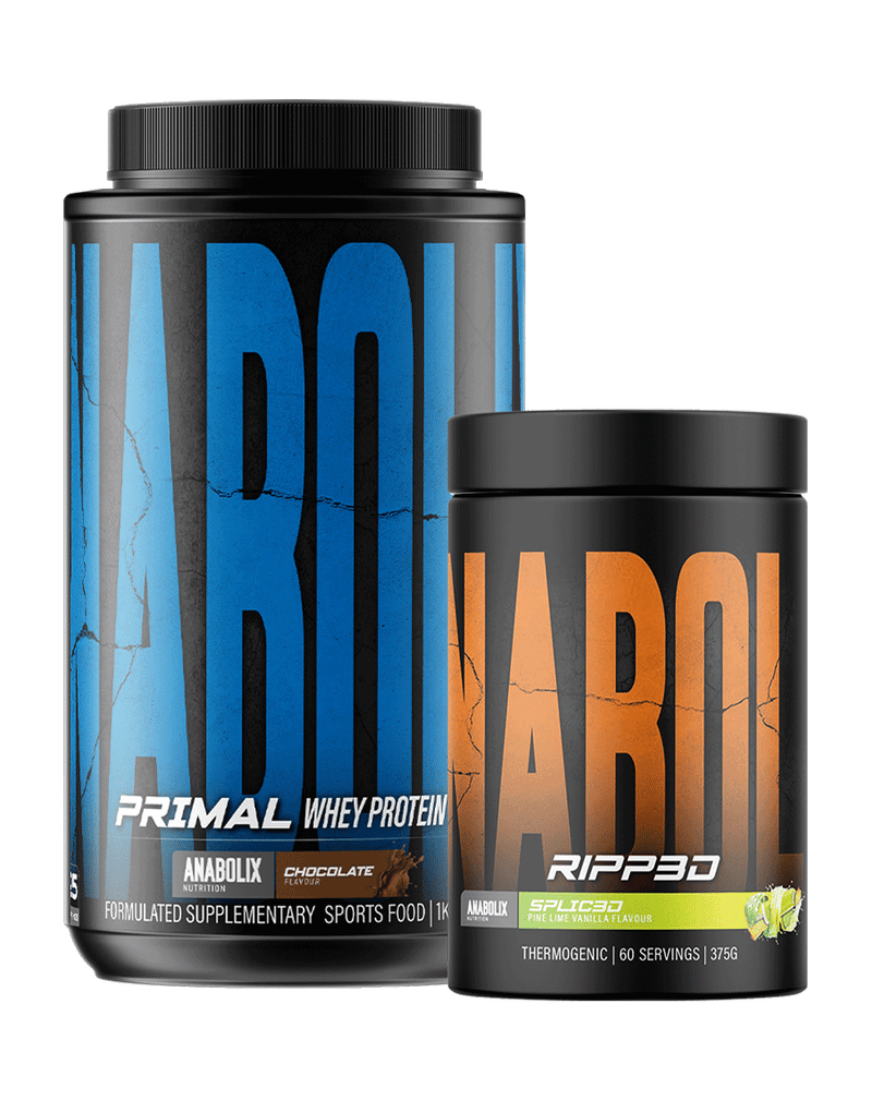 Anabolix sports supplement duo featuring Primal chocolate whey protein and Ripped Spliced thermogenic powder