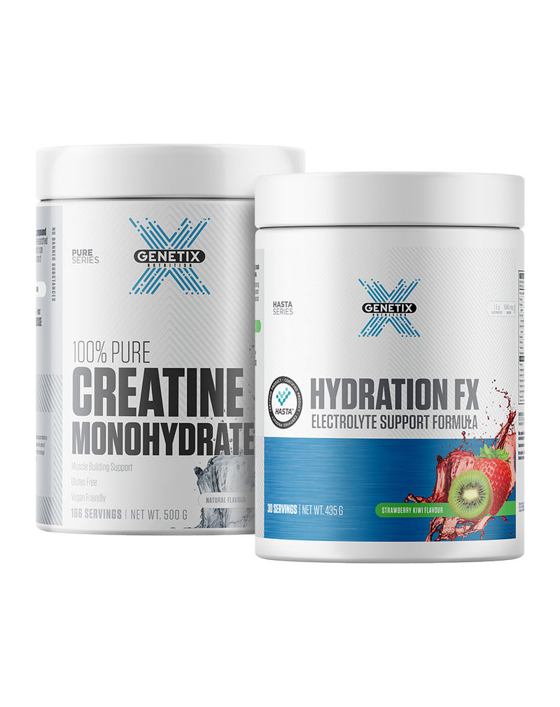 Genetix Creatine Monohydrate 500g and Hydration FX electrolyte powder in white tubs with blue and silver labels