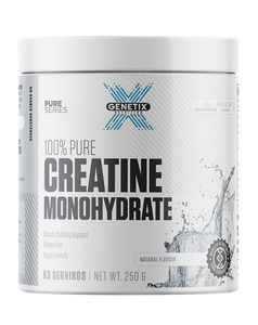 Genetix creatine powder, 250g white tub, vegan-friendly and gluten-free, natural flavoured supplement