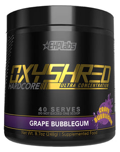 Black 40-serve tub of EHP Labs OxyShred Hardcore, Grape Bubblegum ultra concentrated supplement