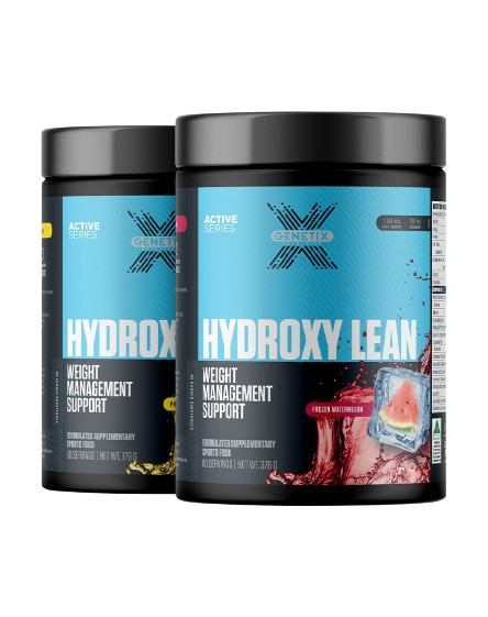 Genetix Hydroxy Lean Cream Watermelon weight management supplement, black tubs with blue labels and watermelon graphics
