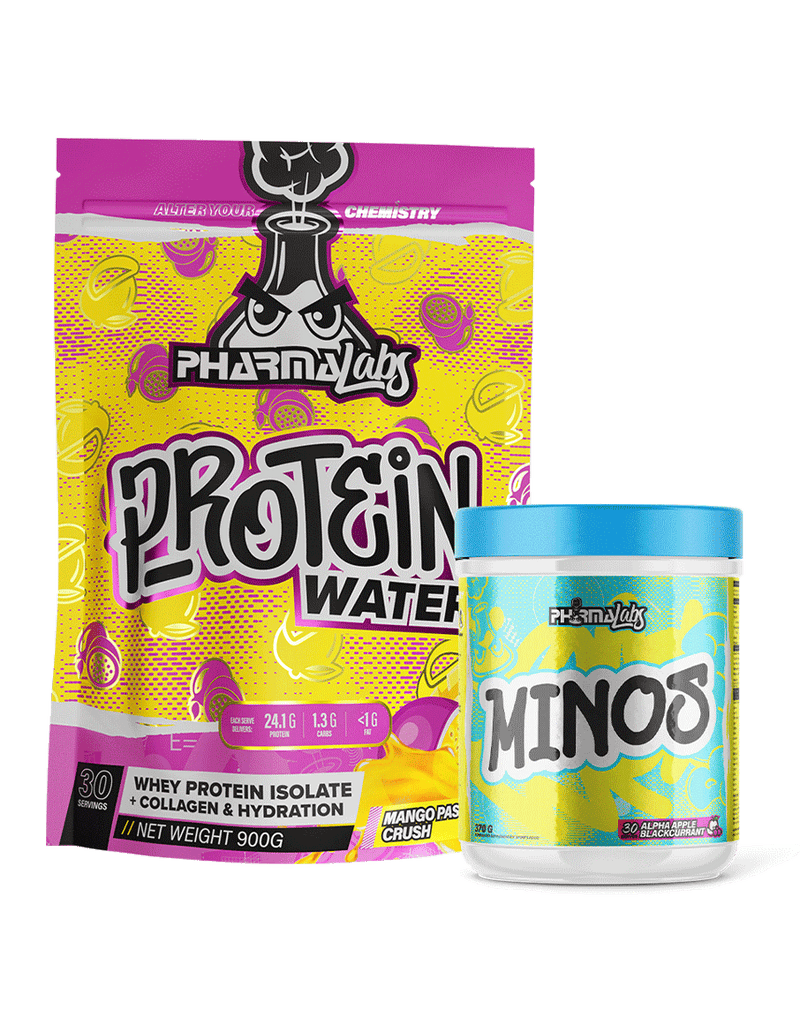 PHARMA Labs Protein Water Mango Passion Crush 900g with MINOS Alpha Apple Blackcurrant amino supplement