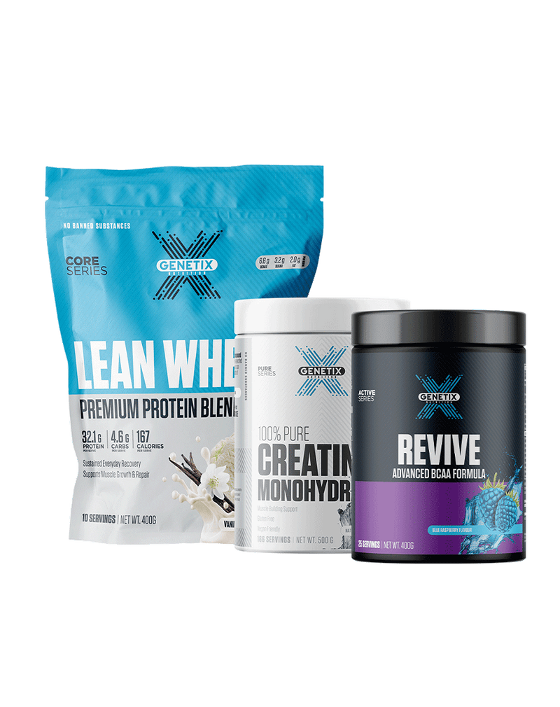 Genetix Lean Whey protein blend, pure creatine monohydrate and blue raspberry Revive BCAA supplement stack