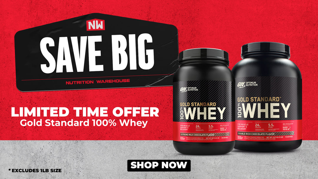 Limited Time Offer – Gold Standard 100% Whey.” Two tubs of Optimum Nutrition Gold Standard 100% Whey are shown on the right, with a “Shop Now” button below. Small text notes “Excludes 1lb size.