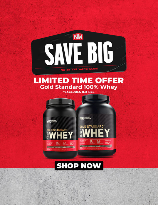 Limited Time Offer – Gold Standard 100% Whey.” Two tubs of Optimum Nutrition Gold Standard 100% Whey are shown on the right, with a “Shop Now” button below. Small text notes “Excludes 1lb size.