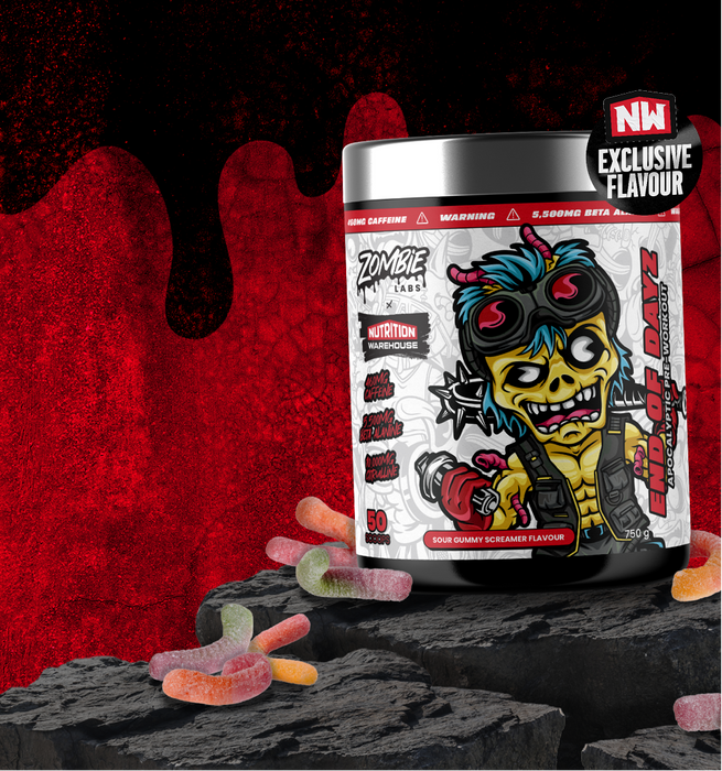 Supplement container with cartoon character label on a dark surface with red background