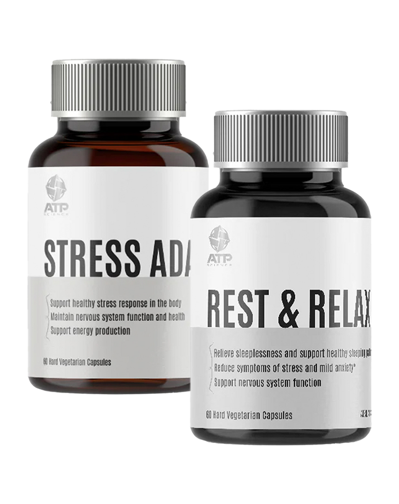 ATP Science Stress Adapt and Rest & Relax – two 60-capsule bottles for stress and sleep support