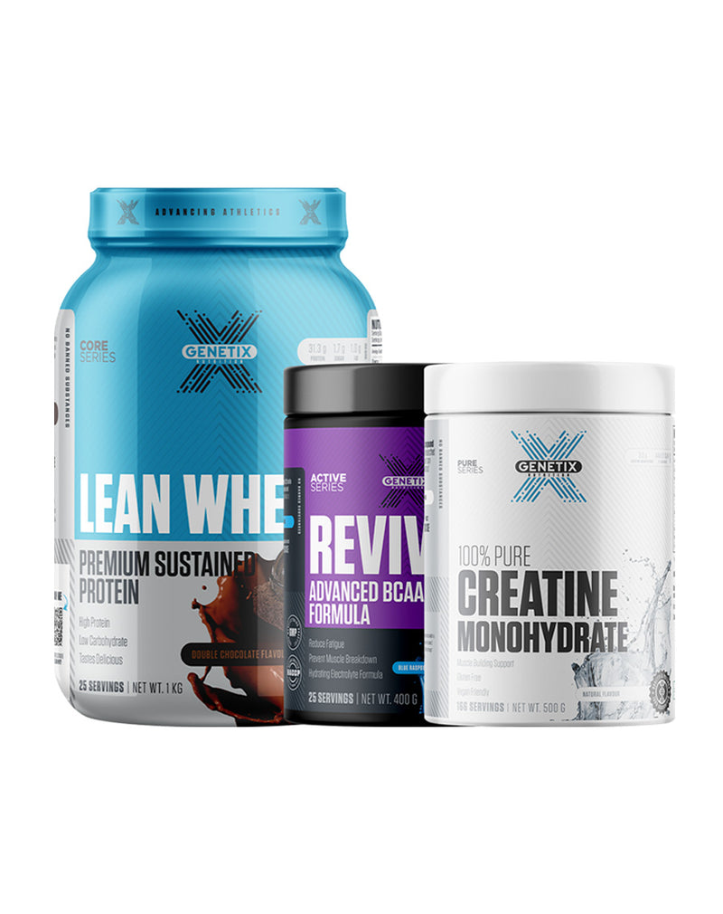Three Genetix supplements – Lean Whey protein, Revive BCAA, and Creatine Monohydrate in bold branded tubs